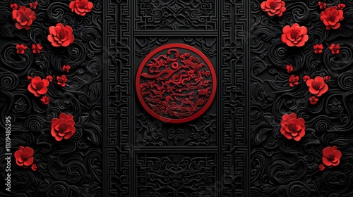 Elegant Red Black Asian Floral Carving Design Intricate Texture Background
