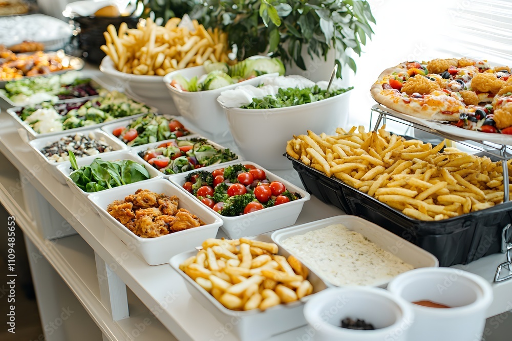 A beautifully arranged catering table featuring healthy meals next to a fast food corner with fried chicken, pizzas, and fries. A beautifully arranged catering table featuring healthy meals next to a fast food corner with fried chicken, pizzas, and fries.
