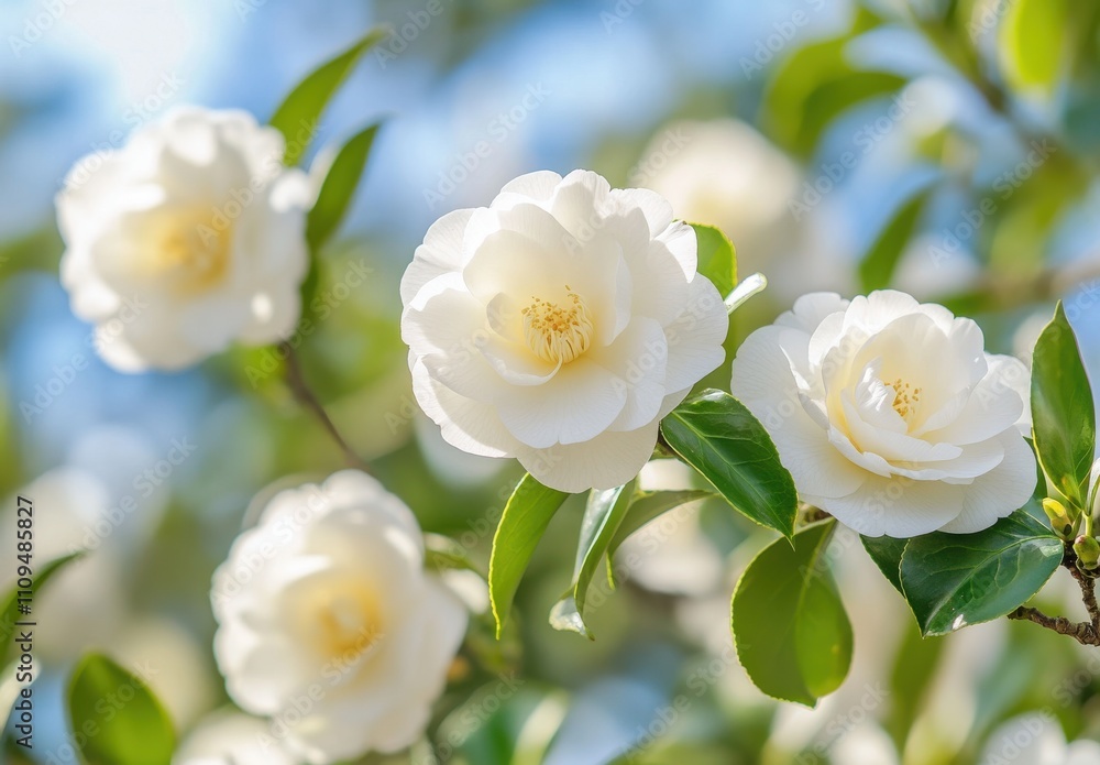 Obraz premium Delicate White Camellia Flowers Blossoming Amidst Green Leaves with Soft Blue Background Capturing the Beauty of Spring and Nature's Serenity