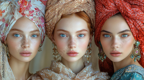 Portrait of three women with striking blue eyes and colorful headscarves at a cultural celebration capturing traditional beauty. Generative AI photo