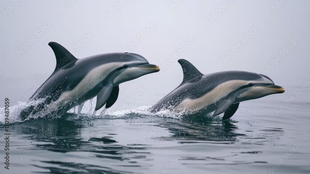 Fototapeta premium Two dolphins leap, ocean spray, misty sky.