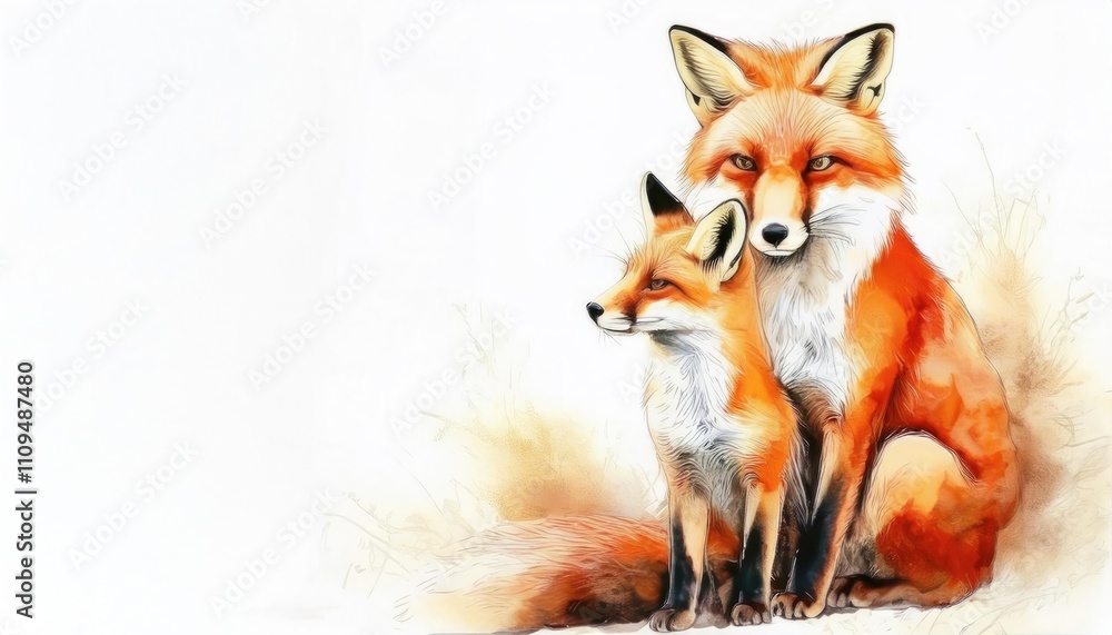 Fototapeta premium An artistic illustration of a fox and its cub sitting together in a peaceful natural environment.