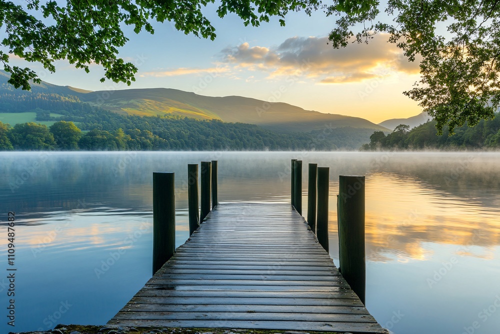 Obraz premium Misty lakeside at dawn with soft golden sunlight over calm water, surrounded by green mountains, perfect environment for work and peaceful relaxation 4