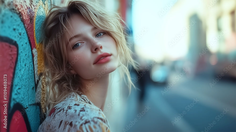 Edgy boho portrait of German woman in Berlin, urban style with graffiti backdrop
