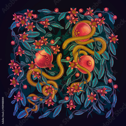 Hand drawn snakes in blooming pomegranate fruits in vintage gothic style Mystical Chinese New Year zodiac calendar Snake