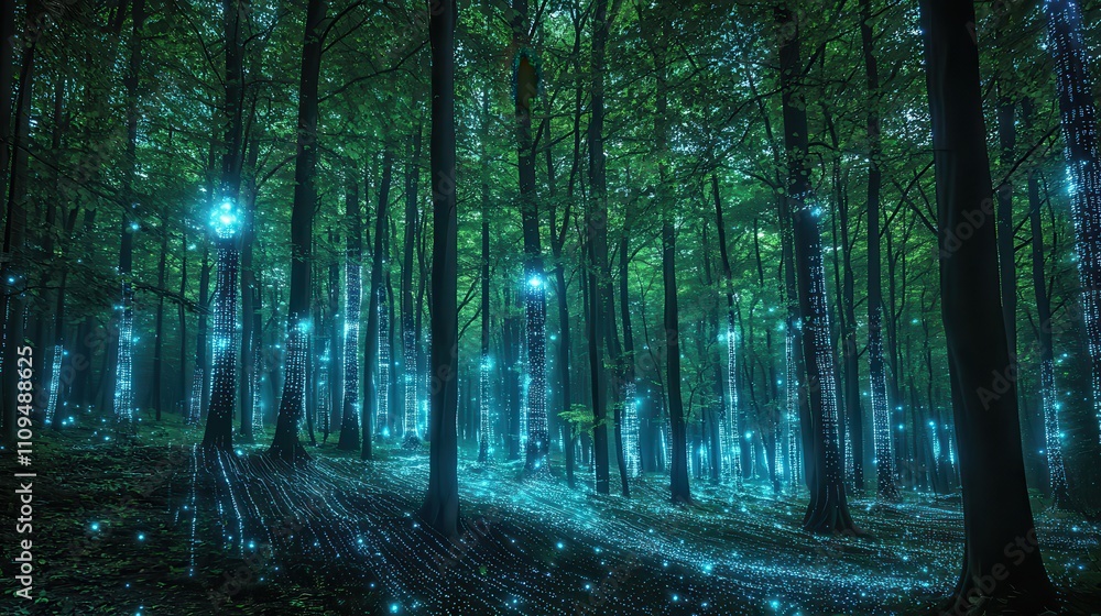 Naklejka premium A serene forest with bioluminescent trees glowing in shades of blue and green, blending nature with cybernetic enhancements. Robotic birds chirp softly as streams of digital data flow like rivers 
