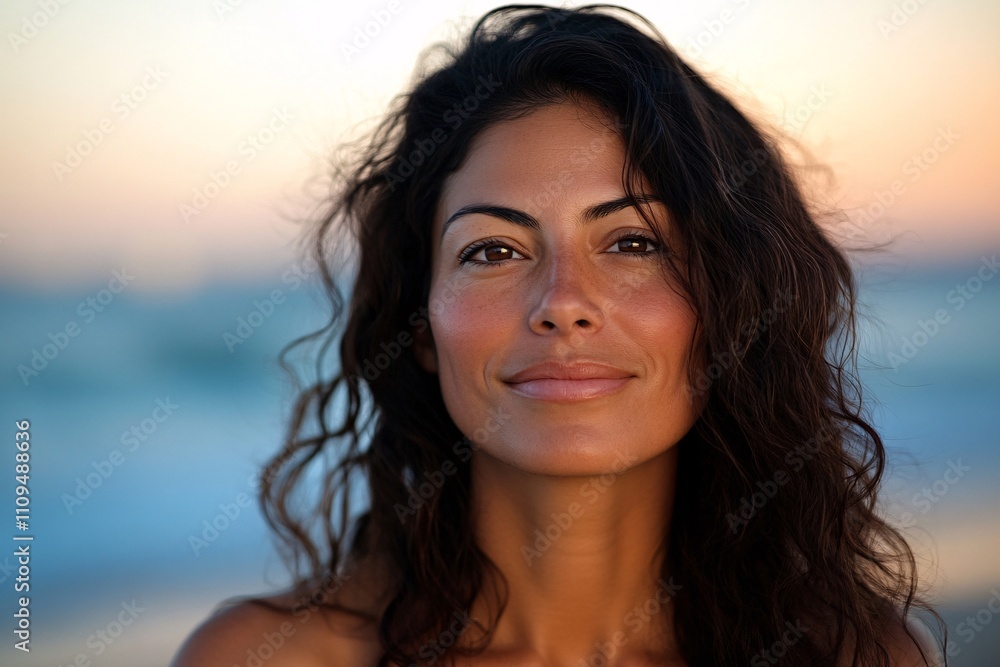 Hispanic woman, wavy hair, serene expression, standing on beach at sunset, natural light, medium close-up, calm, peaceful, hair blowing gently in breeze 4 Hispanic woman, wavy hair, serene expression, standing on beach at sunset, natural light, medium close-up, calm, peaceful, hair blowing gently in breeze 4