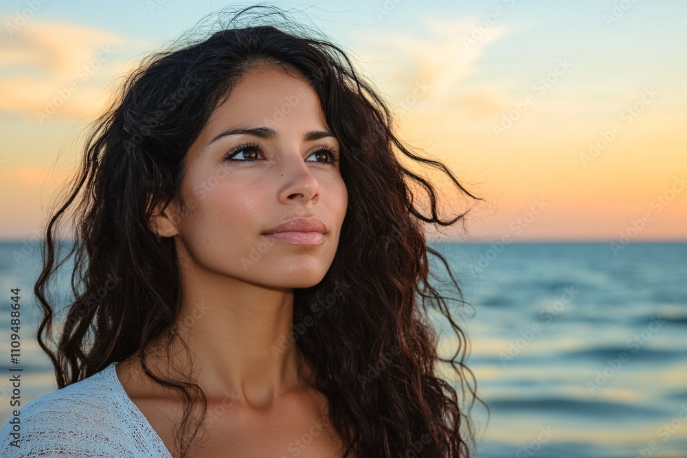 Hispanic woman, wavy hair, serene expression, standing on beach at sunset, natural light, medium close-up, calm, peaceful, hair blowing gently in breeze 7 Hispanic woman, wavy hair, serene expression, standing on beach at sunset, natural light, medium close-up, calm, peaceful, hair blowing gently in breeze 7