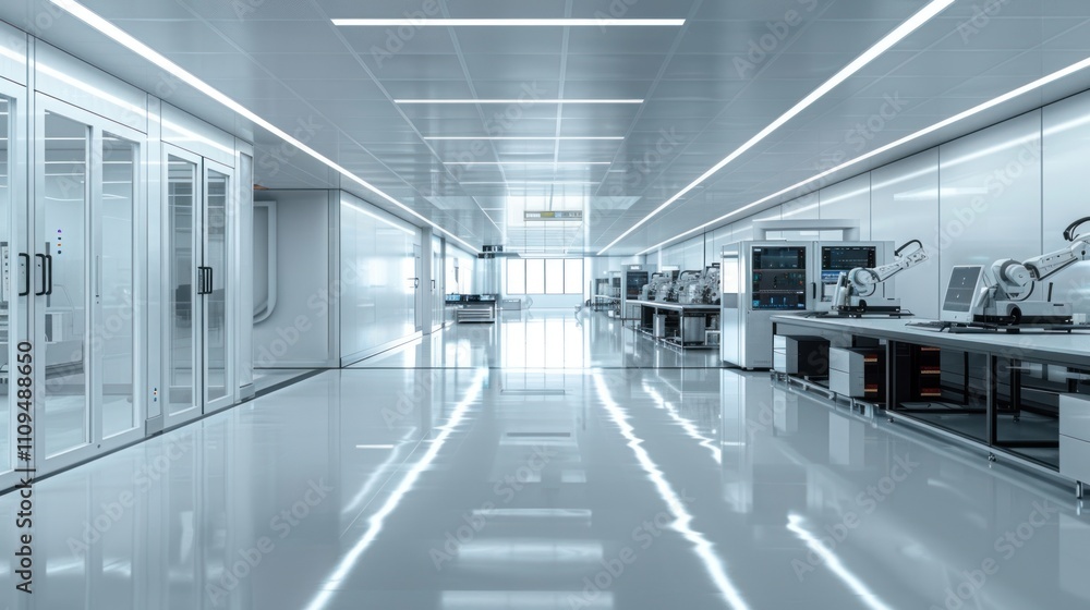 Modern cleanroom laboratory interior with robotic equipment and bright lighting. Modern cleanroom laboratory interior with robotic equipment and bright lighting.