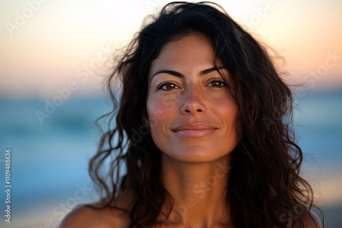 Hispanic woman, wavy hair, serene expression, standing on beach at sunset, natural light, medium close-up, calm, peaceful, hair blowing gently in breeze 4