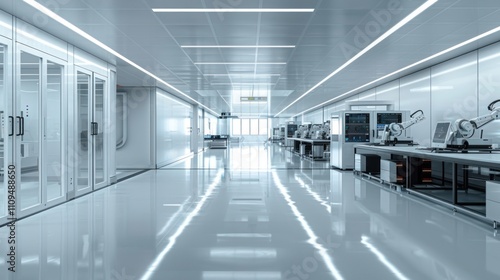 Modern cleanroom laboratory interior with robotic equipment and bright lighting.