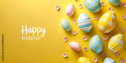 Happy Easter yellow background with dyed eggs.