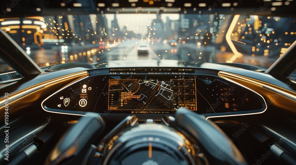 Futuristic car interior driving through a city at night. Futuristic car interior driving through a city at night.