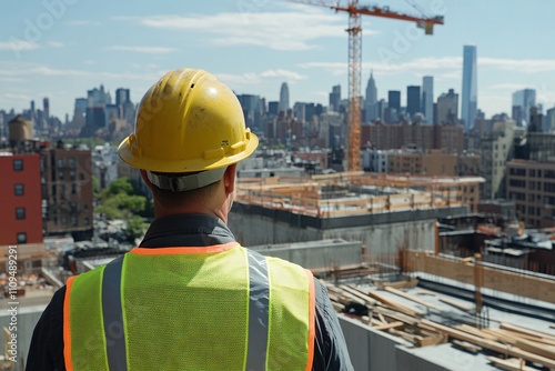 Construction worker in yellow hard hat, reflective safety vest, standing on site, urban skyline background, cranes and buildings in the distance, medium close-up 4