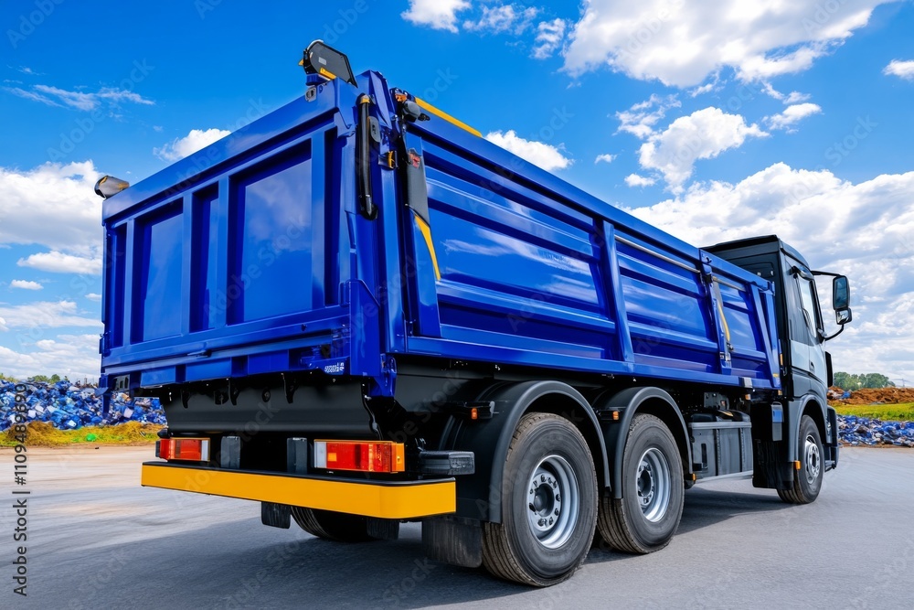 Bright blue dump truck parked in construction site under a clear sky with scattered clouds Bright blue dump truck parked in construction site under a clear sky with scattered clouds