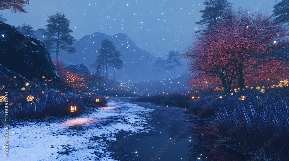 a snowy mountain road at night, with trees covered in snow and lights shining on the ground, the sky is dark blue, creating an atmosphere of tranquility and mystery,
a snowy mountain road at night, with trees covered in snow and lights shining on the ground, the sky is dark blue, creating an atmosphere of tranquility and mystery,