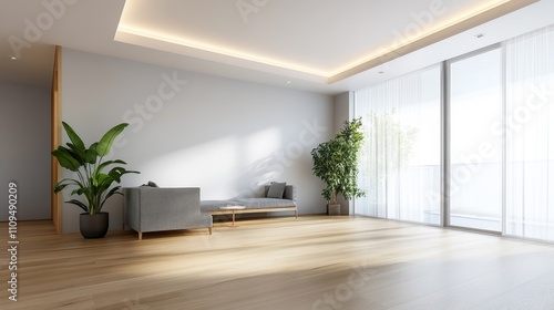 A white room with a couch and a potted plant