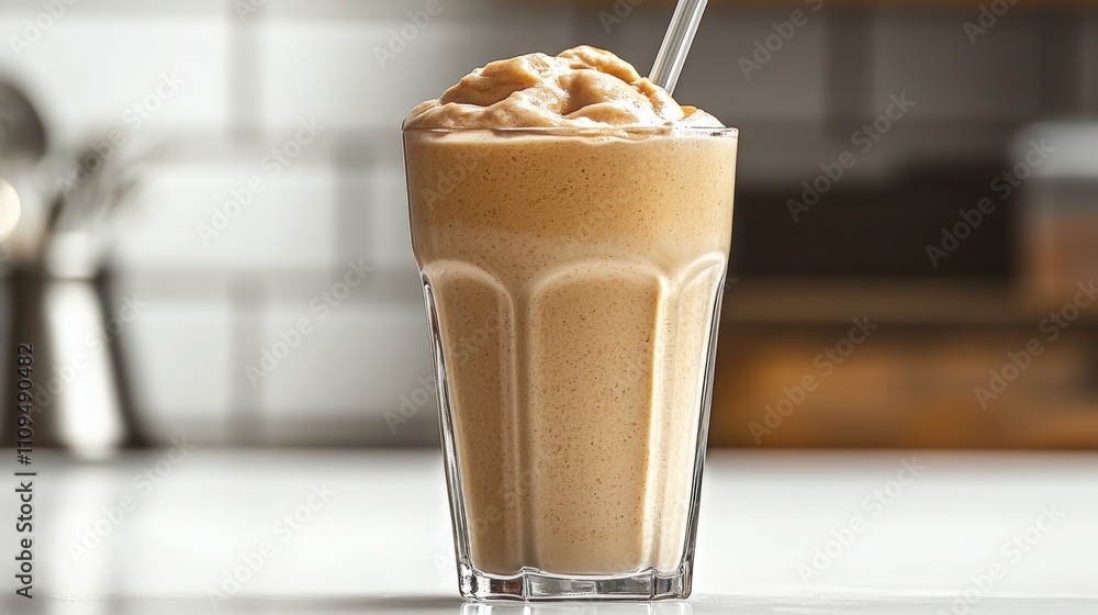 Smooth and creamy milkshake served in a tall glass at a modern kitchen setting Smooth and creamy milkshake served in a tall glass at a modern kitchen setting
