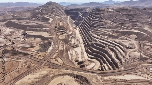 Aerial Drone Footage of Open-Pit Mining Operations in the Chilean Desert - Roads, Trucks, and Large-Scale Copper Mining Activities