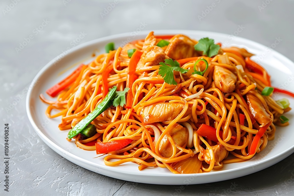 A serving of classic lo mein with chicken and vegetables, set on a white plate with a clean light gray background and ample copy space A serving of classic lo mein with chicken and vegetables, set on a white plate with a clean light gray background and ample copy space