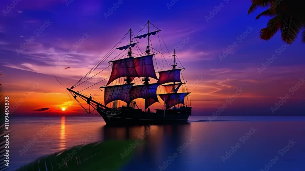 A beautiful sailing ship on calm waters at sunset, with vibrant colors in the sky reflecting on the sea. A beautiful sailing ship on calm waters at sunset, with vibrant colors in the sky reflecting on the sea.