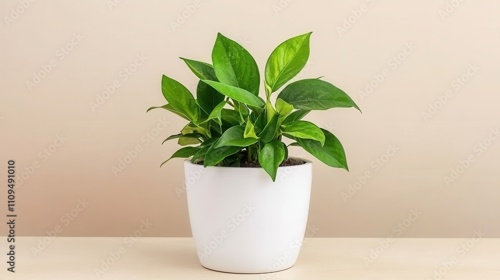 Fototapeta premium Lush Green Houseplant in a Simple White Pot on Shelf