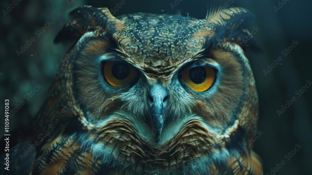Close-up of a majestic owl with intense gaze, dark background. Close-up of a majestic owl with intense gaze, dark background.