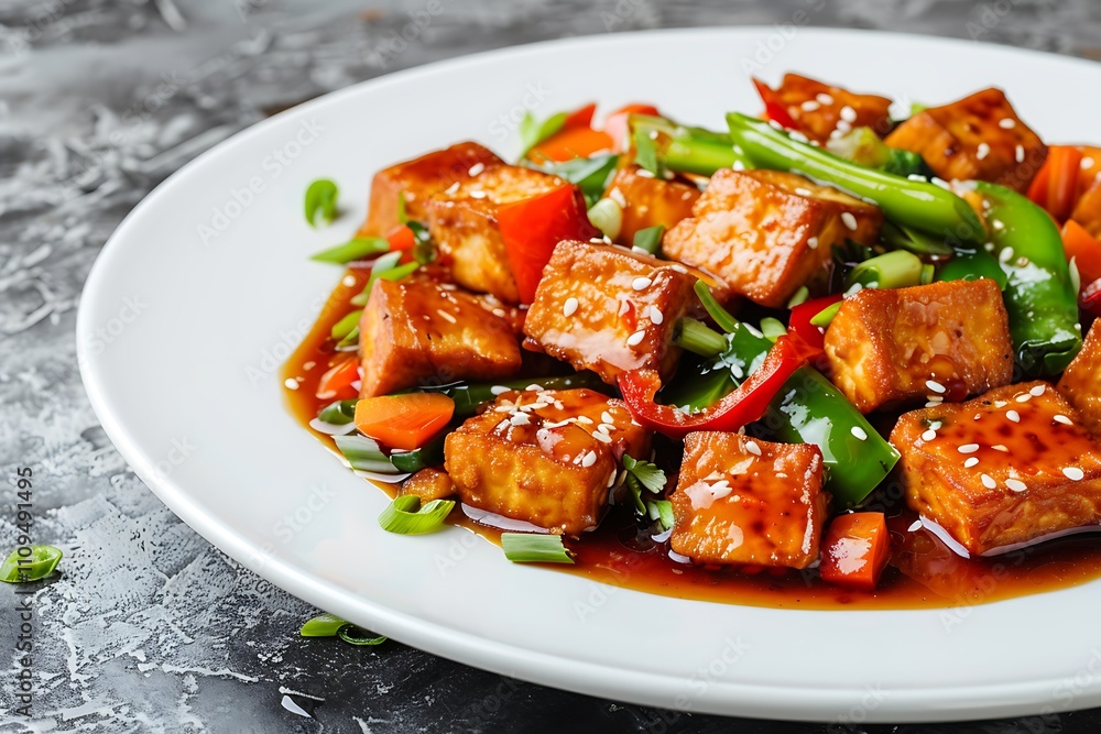 A serving of crispy tofu with mixed vegetables in a savory sauce, presented on a white plate with a neutral gray background and lots of empty space A serving of crispy tofu with mixed vegetables in a savory sauce, presented on a white plate with a neutral gray background and lots of empty space