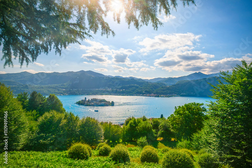 Lake Orta landscape and San Giulio island view from Sacro Monte. Italy photo