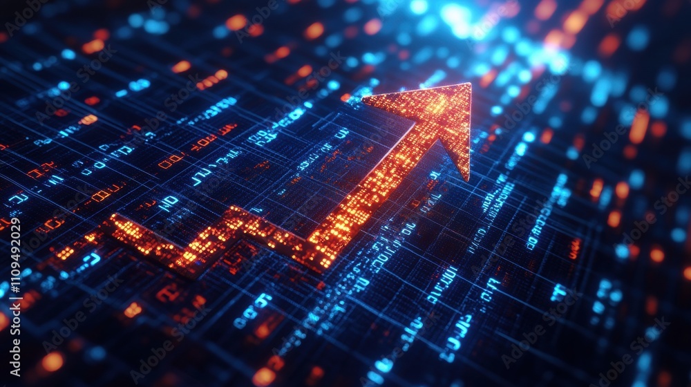 Futuristic 3D Design Featuring Upward Arrow with Digital Patterns Futuristic 3D Design Featuring Upward Arrow with Digital Patterns