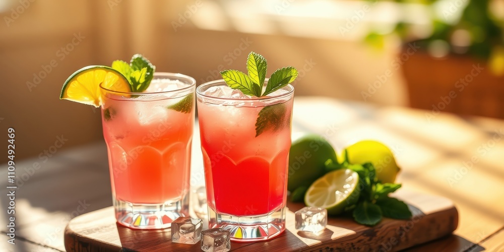 Fototapeta premium Two glasses of refreshing pink lemonade with ice and lime garnishes on a wooden serving board in the sunlight