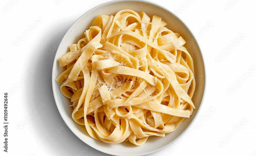 Top View of Creamy Fettuccine Alfredo in White Bowl Top View of Creamy Fettuccine Alfredo in White Bowl