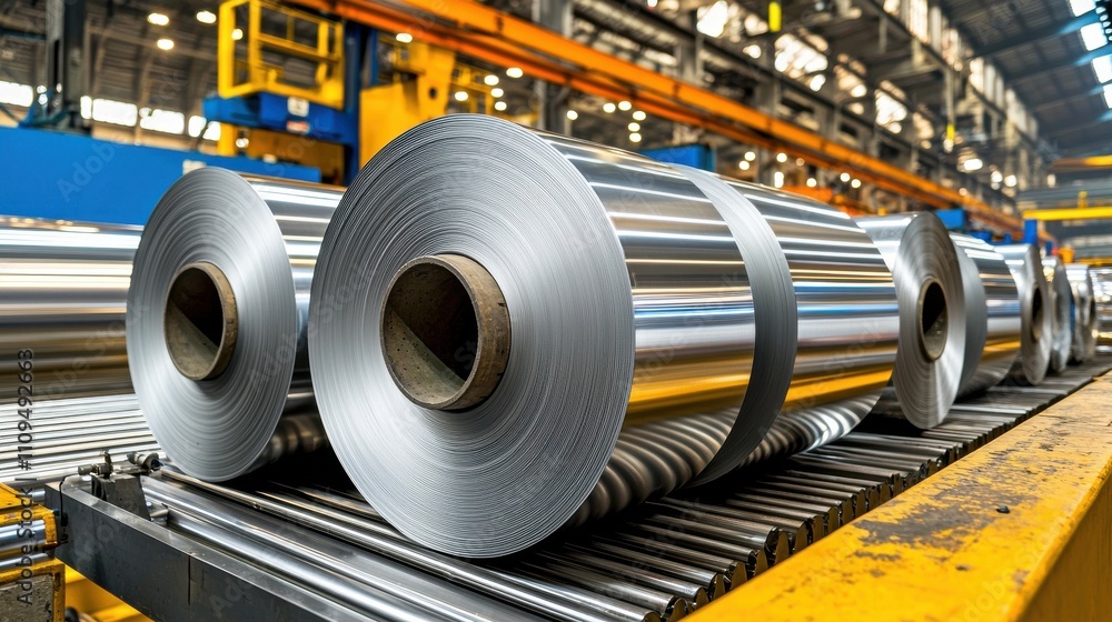 Production line action shiny aluminum rolls in factory setting Production line action shiny aluminum rolls in factory setting
