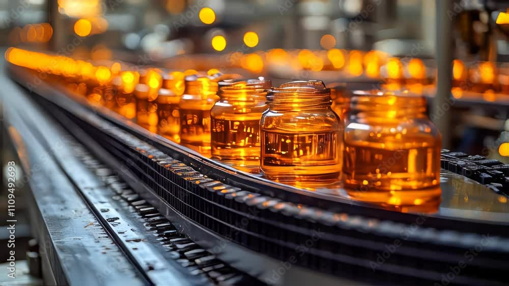Transparent jars filled with golden liquid on an illuminated production line in a factory Transparent jars filled with golden liquid on an illuminated production line in a factory