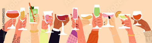 Cocktail in hand, alcoholic drink. Hand holding glass. Champagne, beer and martini. Toast on holiday. Woman and man celebrating. Party horizontal banner. Vector cartoon flat isolated illustration