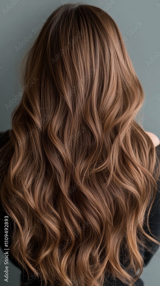 Luxurious waves of caramel-toned hair cascade down a woman's back, showcasing a perfect blend of honey highlights and rich brunette base for a stunning, natural look. Luxurious waves of caramel-toned hair cascade down a woman's back, showcasing a perfect blend of honey highlights and rich brunette base for a stunning, natural look.