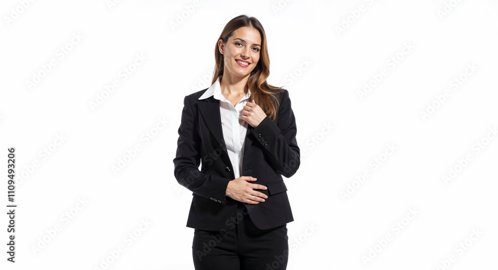 Female businessman in a business suit on a white background. Office worker. Busy, productive Female businessman in a business suit on a white background. Office worker. Busy, productive