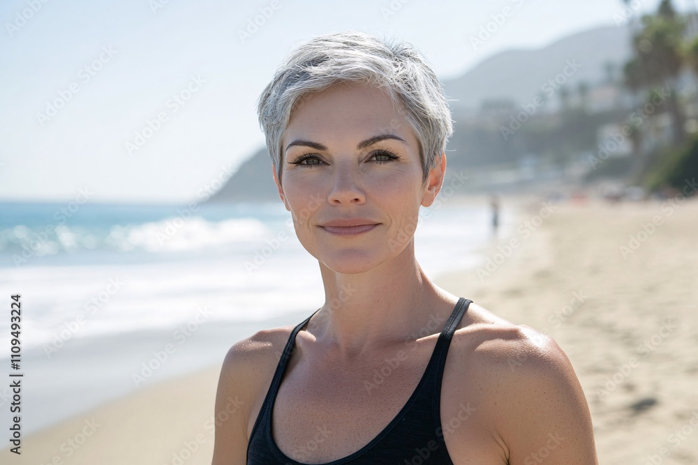 A confident woman in her 40s with short grey hair, wearing a black tank top, standing confidently on Santa Monica beach, bright midday light, cinematic wide-angle shot 3 A confident woman in her 40s with short grey hair, wearing a black tank top, standing confidently on Santa Monica beach, bright midday light, cinematic wide-angle shot 3