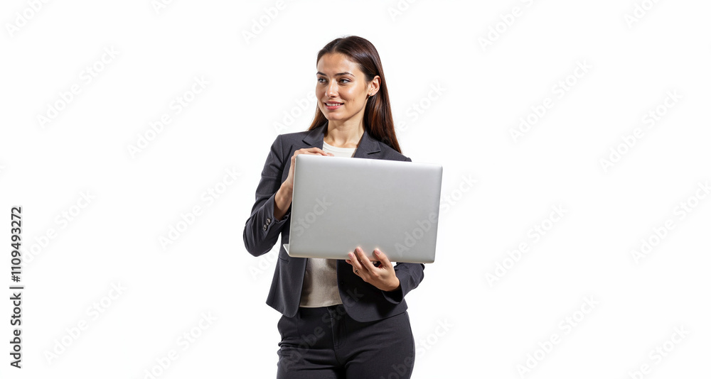 Female businessman in a business suit on a white background. Office worker. Busy, productive Female businessman in a business suit on a white background. Office worker. Busy, productive