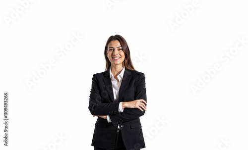 Female businessman in a business suit on a white background. Office worker. Busy, productive