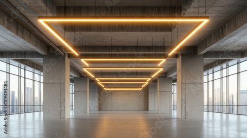 A large, empty room with a yellow light shining down on it