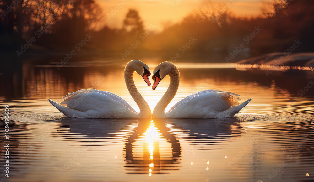 Fototapeta premium Two Swans Making a Heart Shape with Sunset Landscape