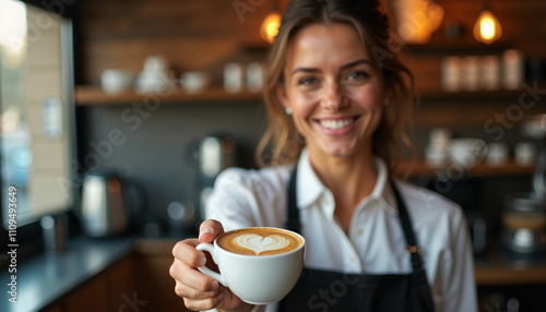 Barista proudly serves a latte with heart design in cozy cafe setting during morning hours