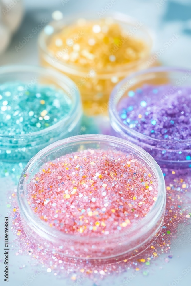 Colorful glitter collection in containers featuring pink, blue, yellow, and purple sparkles Colorful glitter collection in containers featuring pink, blue, yellow, and purple sparkles