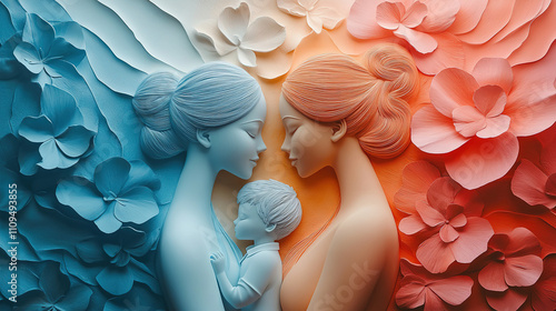 Creative paper art depicting a mother and child surrounded by vibrant flowers in soft pastel colors. Generative AI