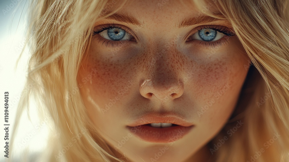 Ethereal beauty captured in golden light: striking blue eyes and delicate freckles adorn a youthful face framed by soft blonde hair, exuding innocence and wonder. Ethereal beauty captured in golden light: striking blue eyes and delicate freckles adorn a youthful face framed by soft blonde hair, exuding innocence and wonder.