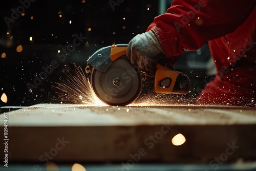 A close-up of a person using a handheld circular saw to cut through a wooden plank, sparks flying, wearing a red jacket, dark background for contrast 1 photo