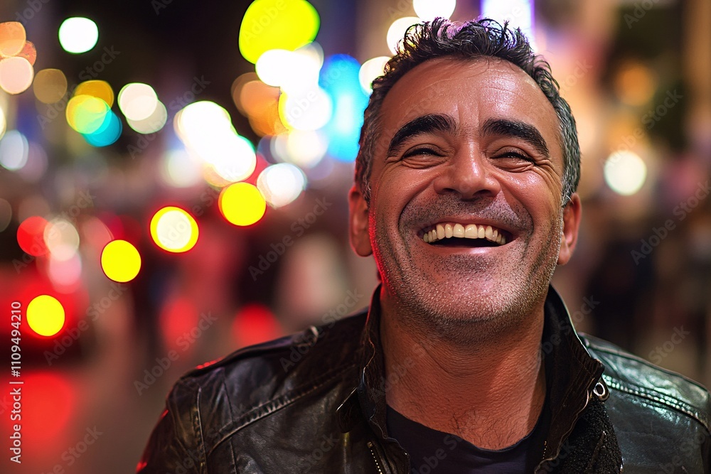 A close-up of a middle-aged man with olive skin, wearing a leather jacket, laughing heartily in a bustling urban street, evening neon lights reflecting in the background 4 A close-up of a middle-aged man with olive skin, wearing a leather jacket, laughing heartily in a bustling urban street, evening neon lights reflecting in the background 4