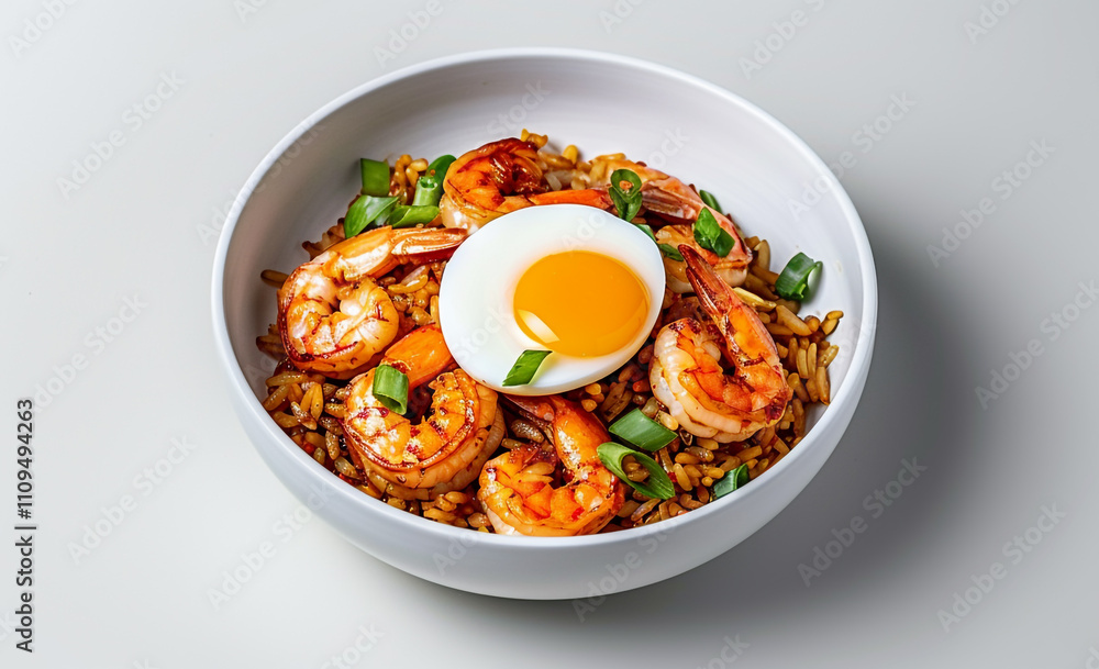 Fototapeta premium Top View of a White Bowl of Thai-Style Fried Rice