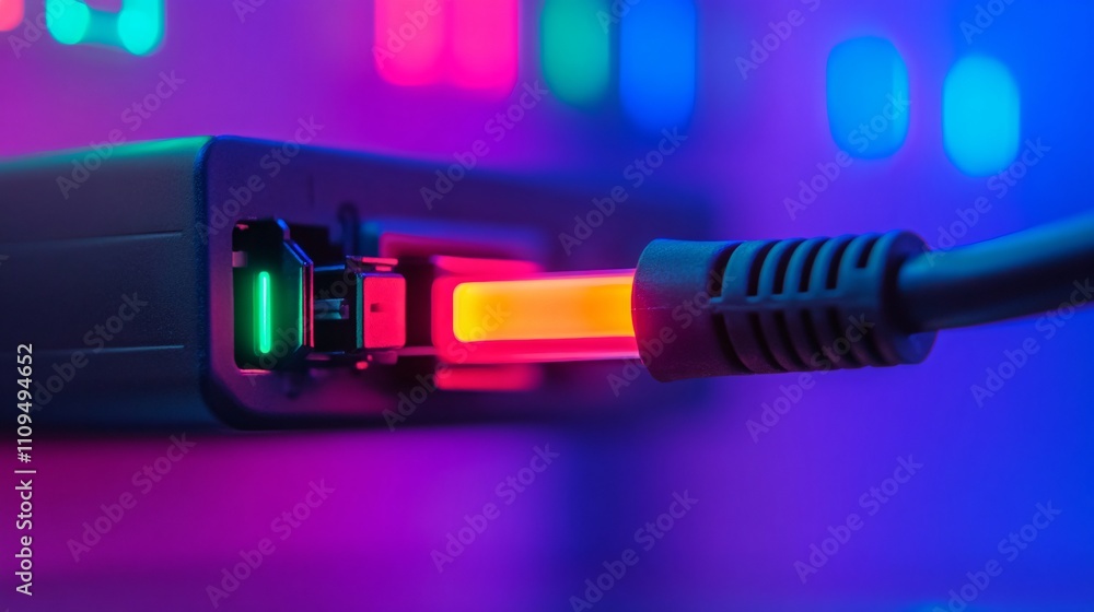 A glowing fiber optic cable plugged into a home router. A glowing fiber optic cable plugged into a home router.